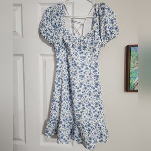 Lush Blue Floral Puff-Sleeve Mini Dress